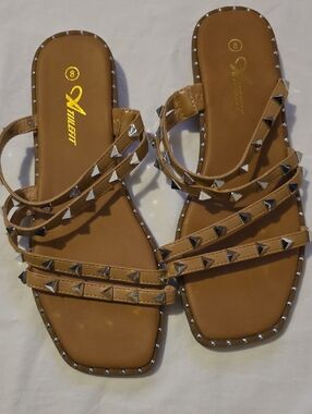 Tan Studded Strappy Slide Sandals - Women